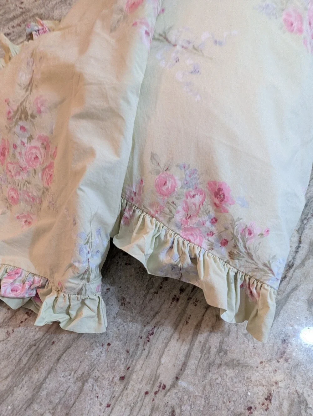 Two Simply Shabby Chic Pillow Shams 100% Cotton Pink Rose Ruffle Pale Green Std.